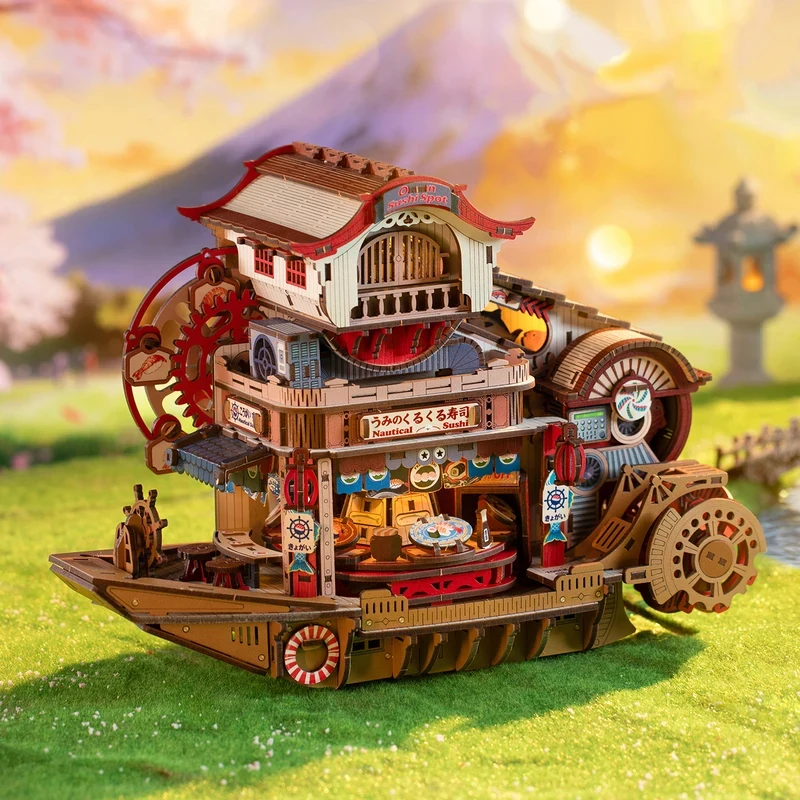 

Наборы миниатюрных моделей OUZEY DIY: кукольный домик в морском стиле с рестораном суши, детальной мебелью и теплой LED-подсветкой – идеальный подарок