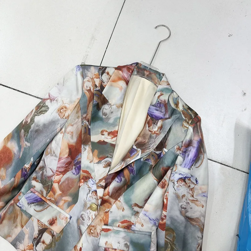 Blazer de verano para mujer, chaqueta de manga larga con bolsillo y solapa, estampado de un solo botón, Estilo Vintage, Y4093, 2023