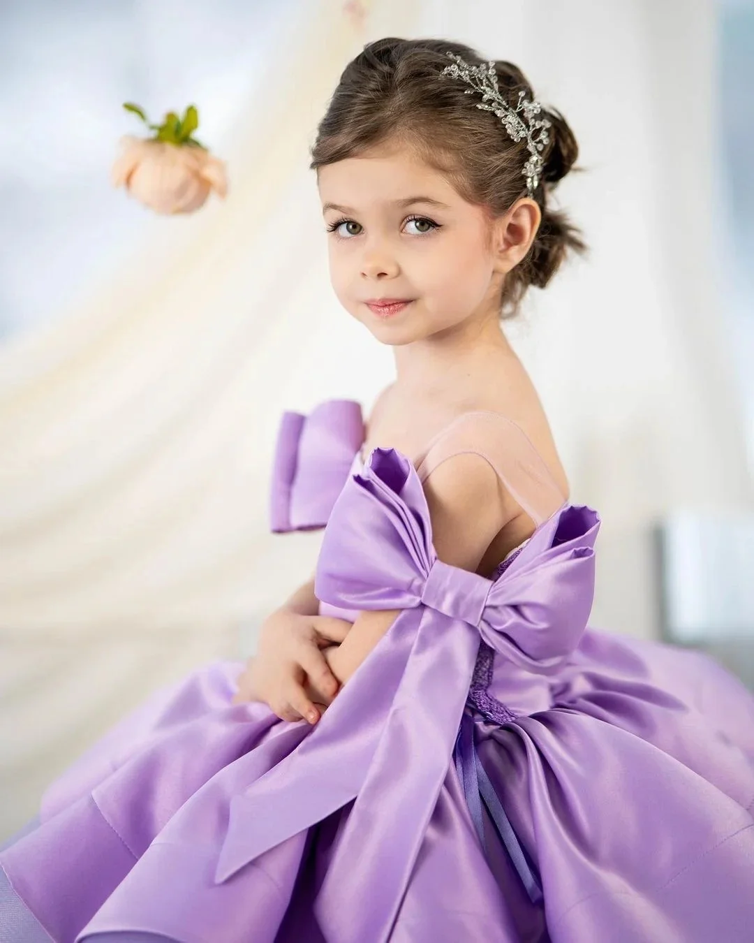 Custom Flower Girl Dress Wedding Gown Birthday Party Dress Big Bow Ruffle Layered Satin Tulle Tutu Princess Dress For Little Gir