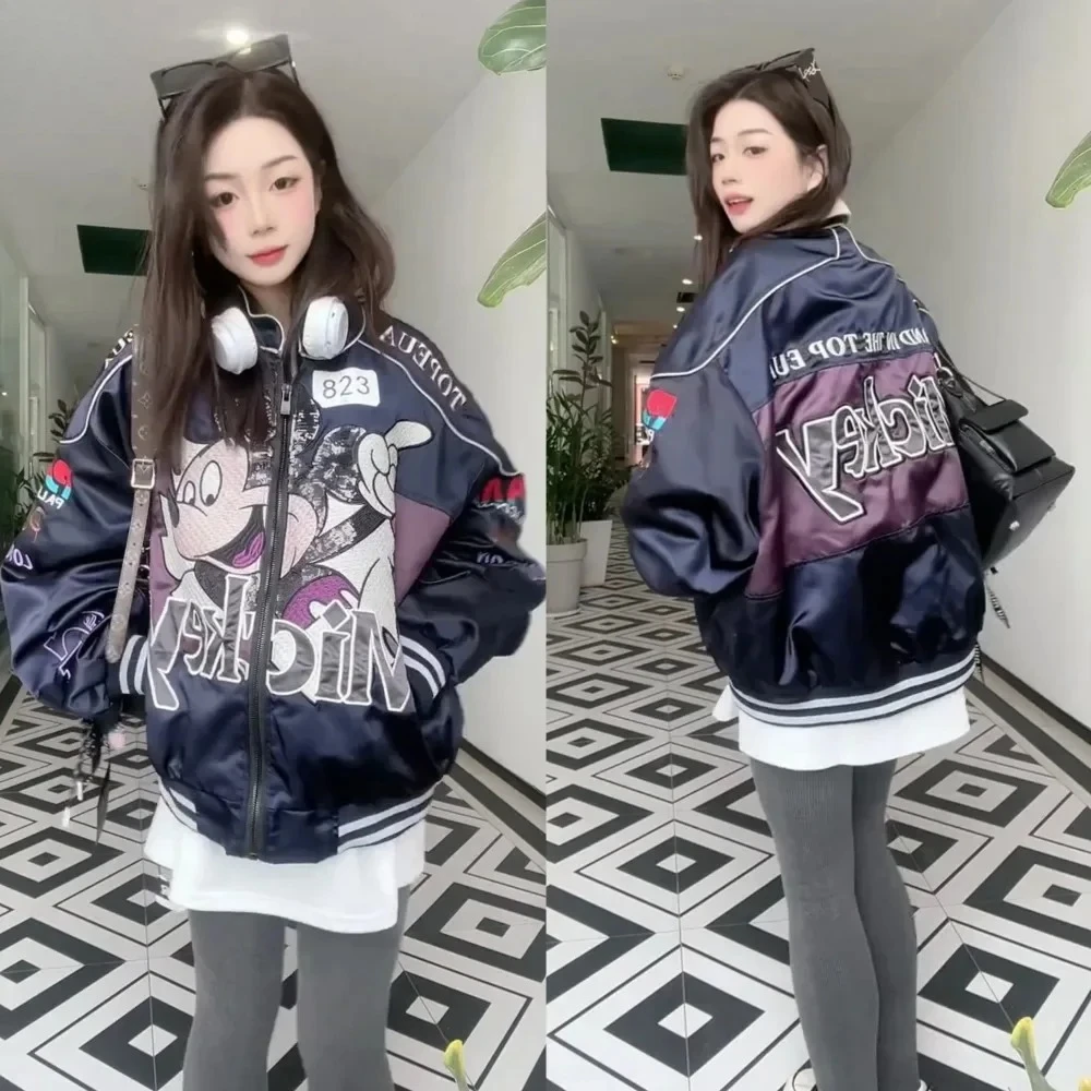 Mickey Embroidered Color Matching Baseball Jacket Women's Spring and Autumn New Loose Versatile Jacket Top
