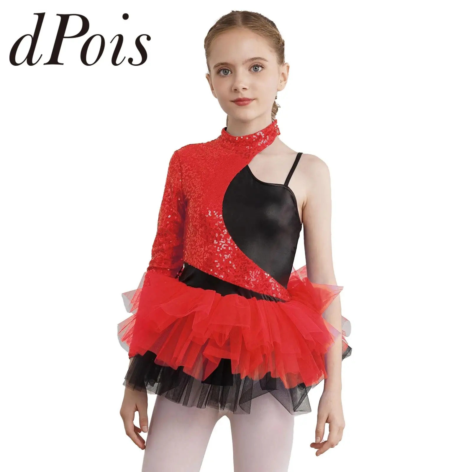 Kids Girls Shiny Sequins Dress Asymmetrical Sleeves Tulle Skirt Gymnastics Leotard Teens Dancewear Children Jazz Dance Costumes