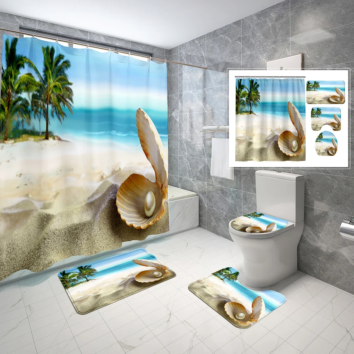 Shower Curtain Set Blue Sky Beach Pearl Shell 4 Pcs Shower Curtain Bathroom Non-Slip Bath Mat Toilet Cover Shower Curtain Set