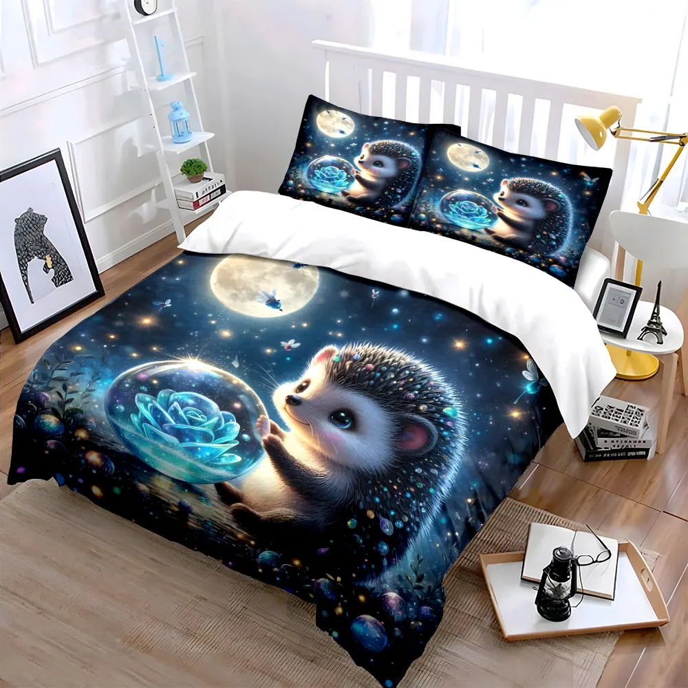 Dreamy Hedgehog in Moonlit Night Bedding Set for Kids Luxury Gift 3pcs Digital Print Comforter Set Soft Comfortable Breathable