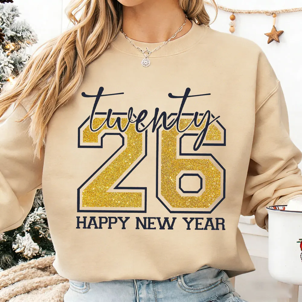 Exclusivo jersey de estilo de Año Nuevo 2026 para mujer llamativo brillo dorado "26" estampado 2026 celebraciones de Año Nuevo sudaderas para mujer