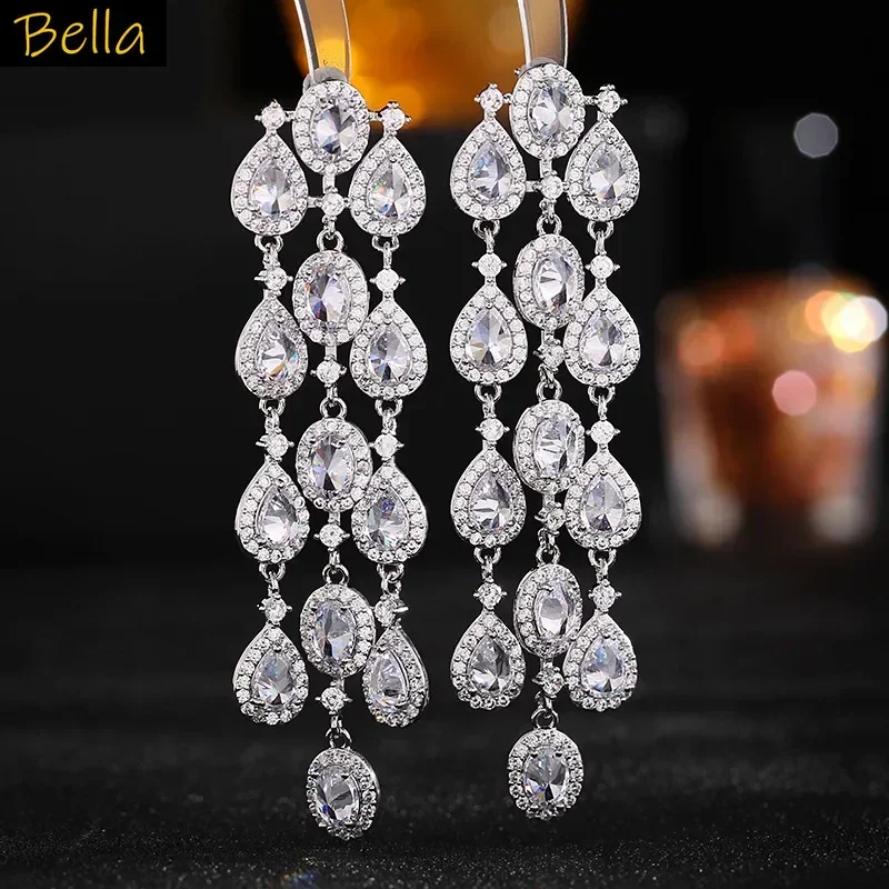 

Длинные серьги с кисточками для женщин, роскошные ювелирные изделия, свадебные серьги с каплями воды для невесты, длинные большие серьги с кисточками, ужин, женский подарок