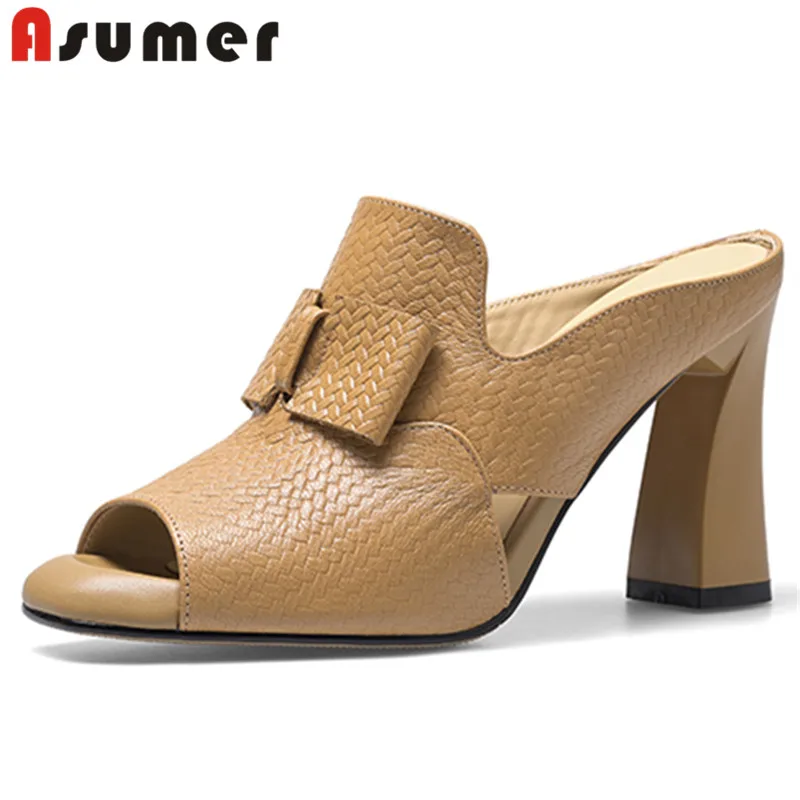 

ASUMER 2024 New Genuine Leather Dress Slippers Women Peep Toe Ladies Summer Slippers Thick High Heels Modern Shoes