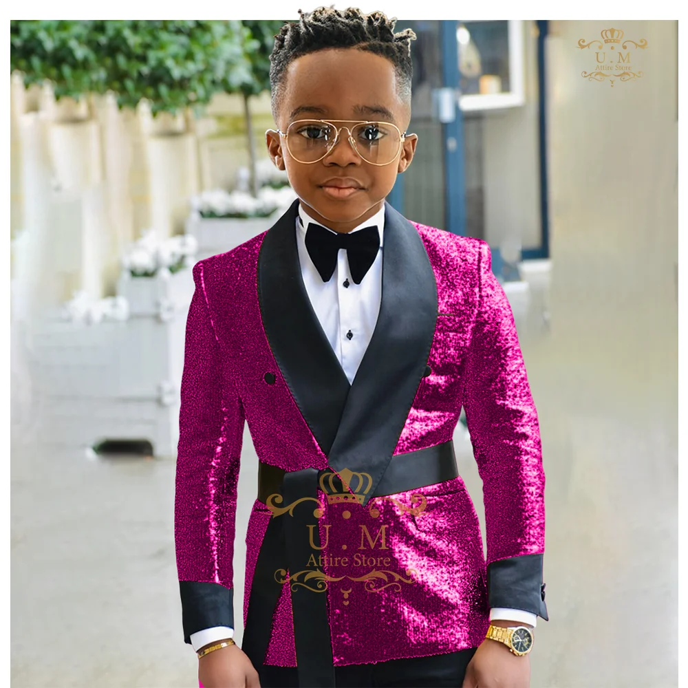 Boys' shiny suit 2-piece set (jacket+pants) gold sequin shawl lapel waistband custom children tuxedo for wedding banquet party