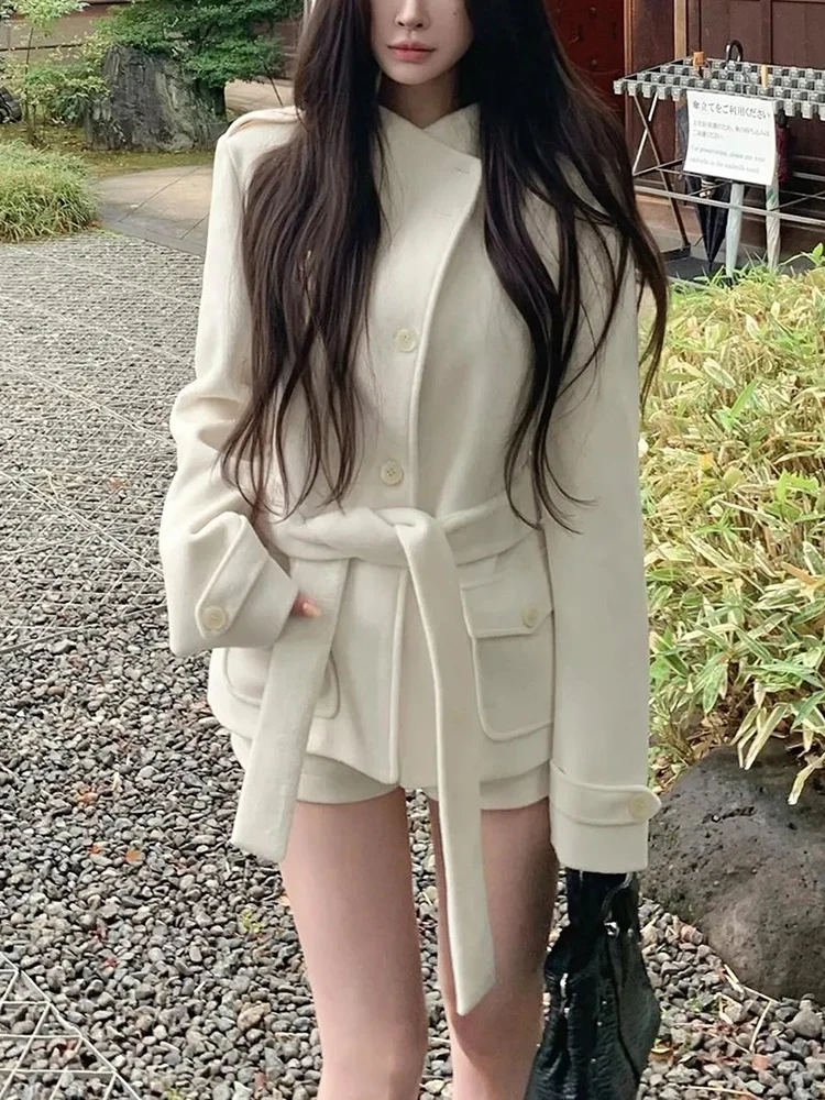 

Korean Sle Stand Collar ort Woolen Coat Women's Winter Faion Belted Waist-Cinching Jaet Polyester Fiber Long Sve