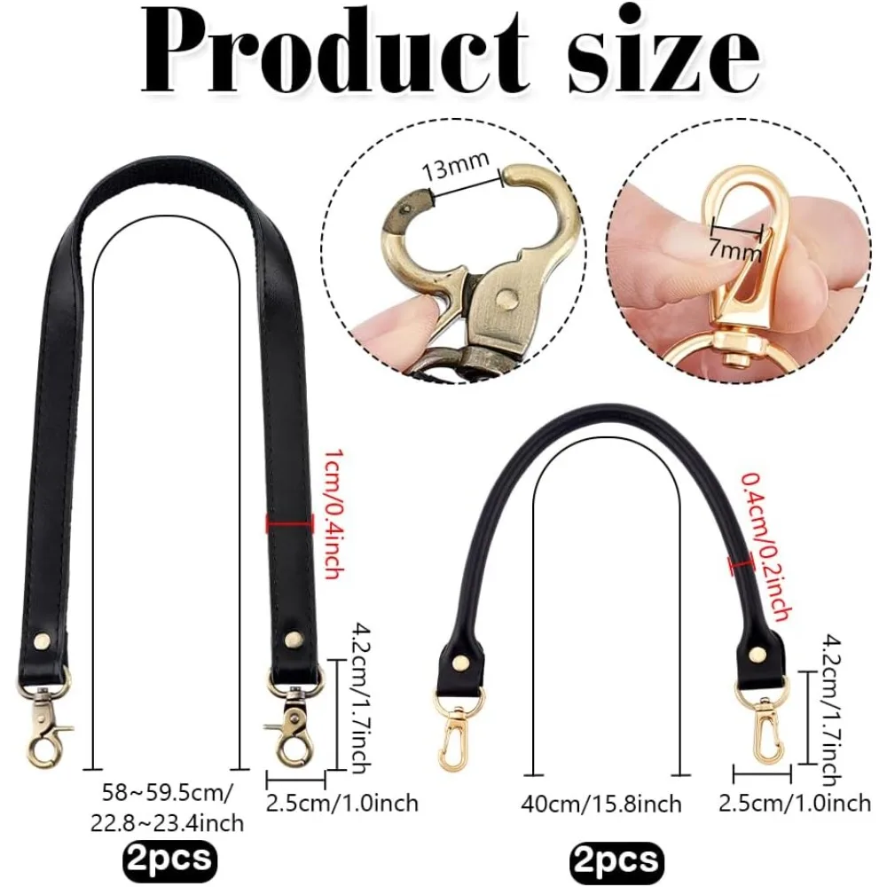 4PCS 2 Styles Black Leather Replacement Handles 15.7 inch 22.8 inch Bag Straps for DIY Purse Restoration Handbag Crossbody