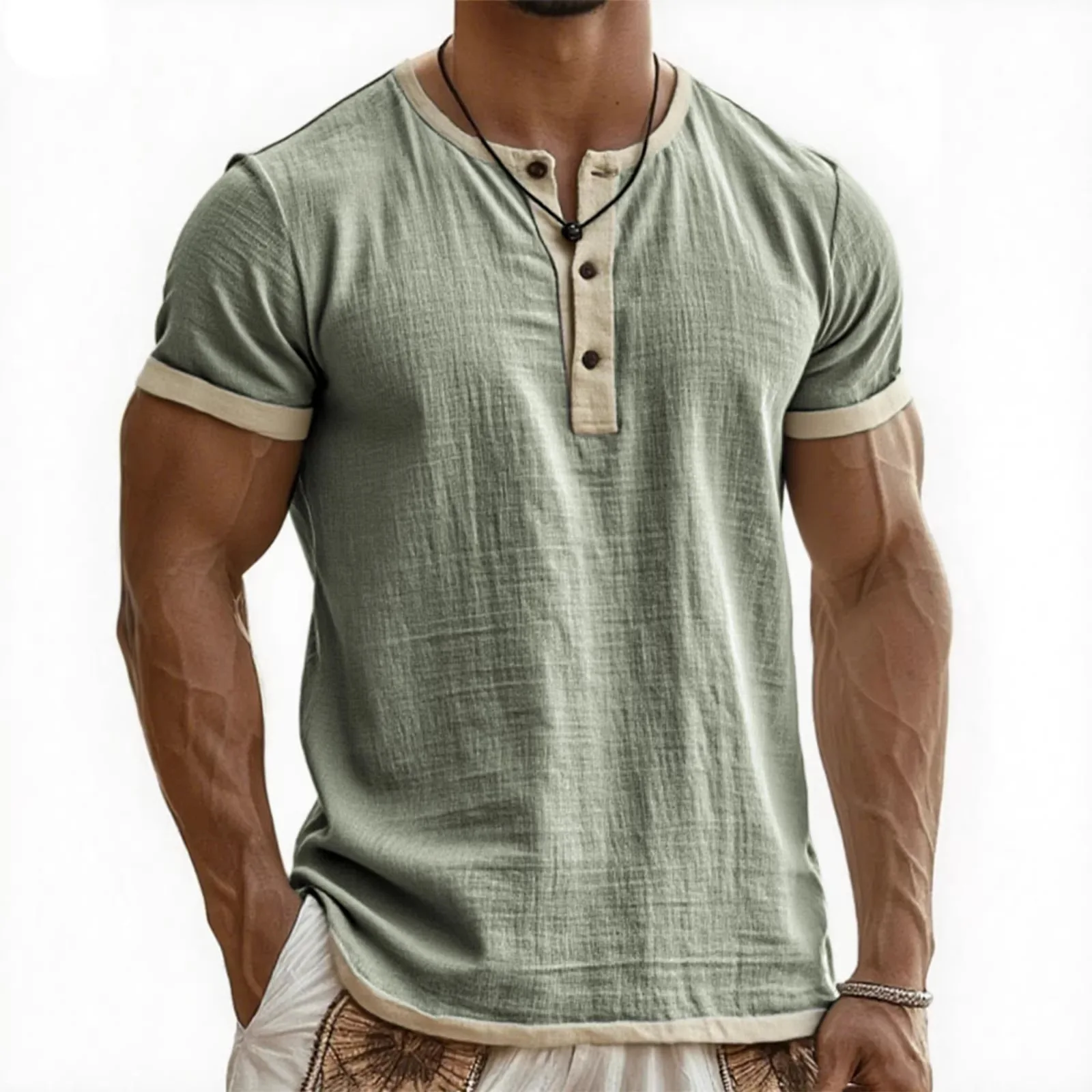 

Summer New Men's Cotton Linen Shirt Casual Contrast Trim Short Sleeve Top Breathable Comfort Slim Fit Sports Casual Shirt
