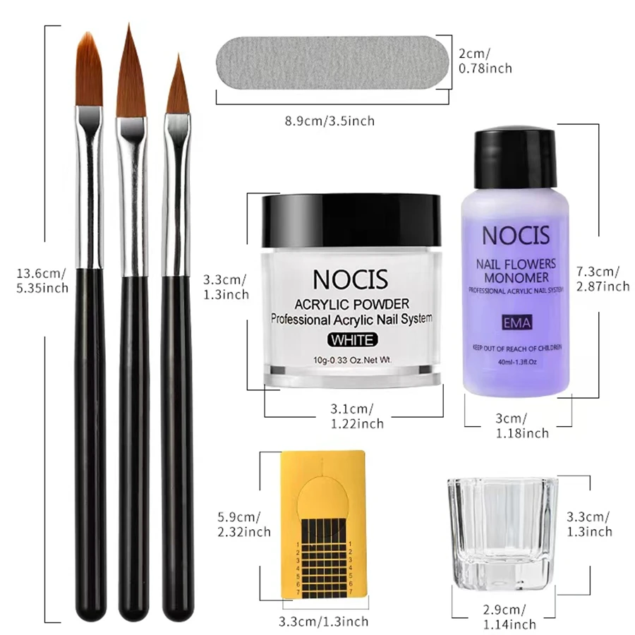 ชุดทำเล็บอะคริลิค NOCIS สำหรับผู้เริ่มต้น - ผงอะคริลิคสีชมพูนู้ดใส, น้ำยาไม่เหลือง และอุปกรณ์ตกแต่งเล็บ!