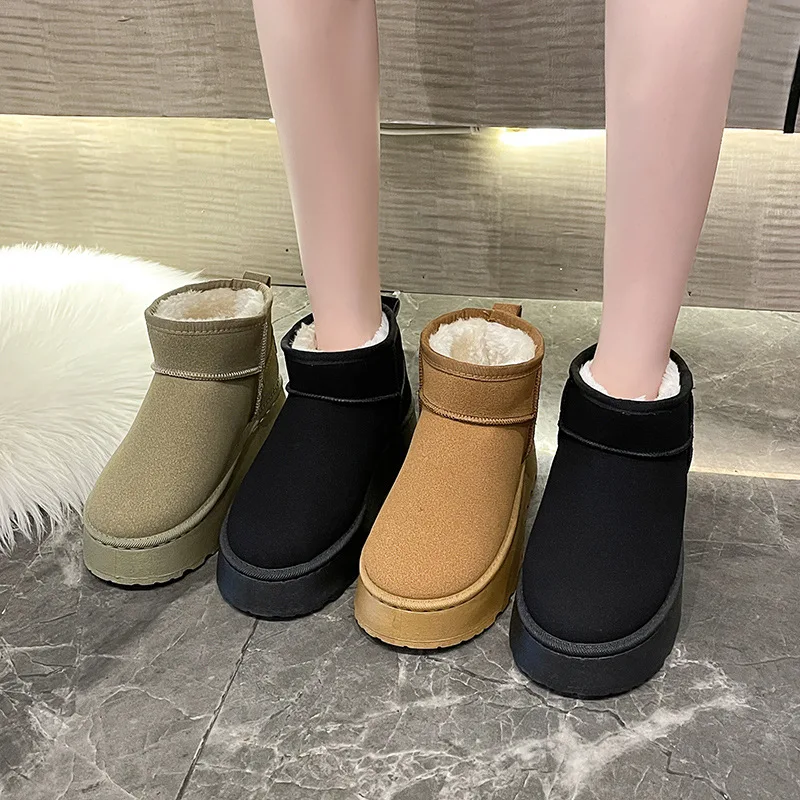 Thick soled snow boots for women 2025 autumn and winter fur one short tube high sole warm waterproof cotton shoes