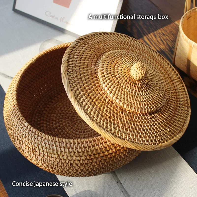 Handwoven Rattan Storage Box With Lid Tea Food Container Rangement Cuisine Box Bread Fruit Basket Kitchen Gadgets Home Organizer