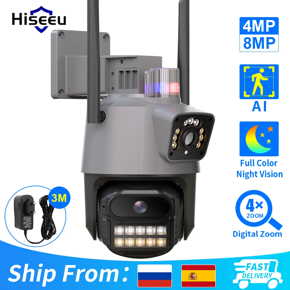 hiseeu camera de vigilancia dual lens rastreamento automatico ai camera de video cctv seguranca externa com alarme de luz policial 8mp 4k wifi 01