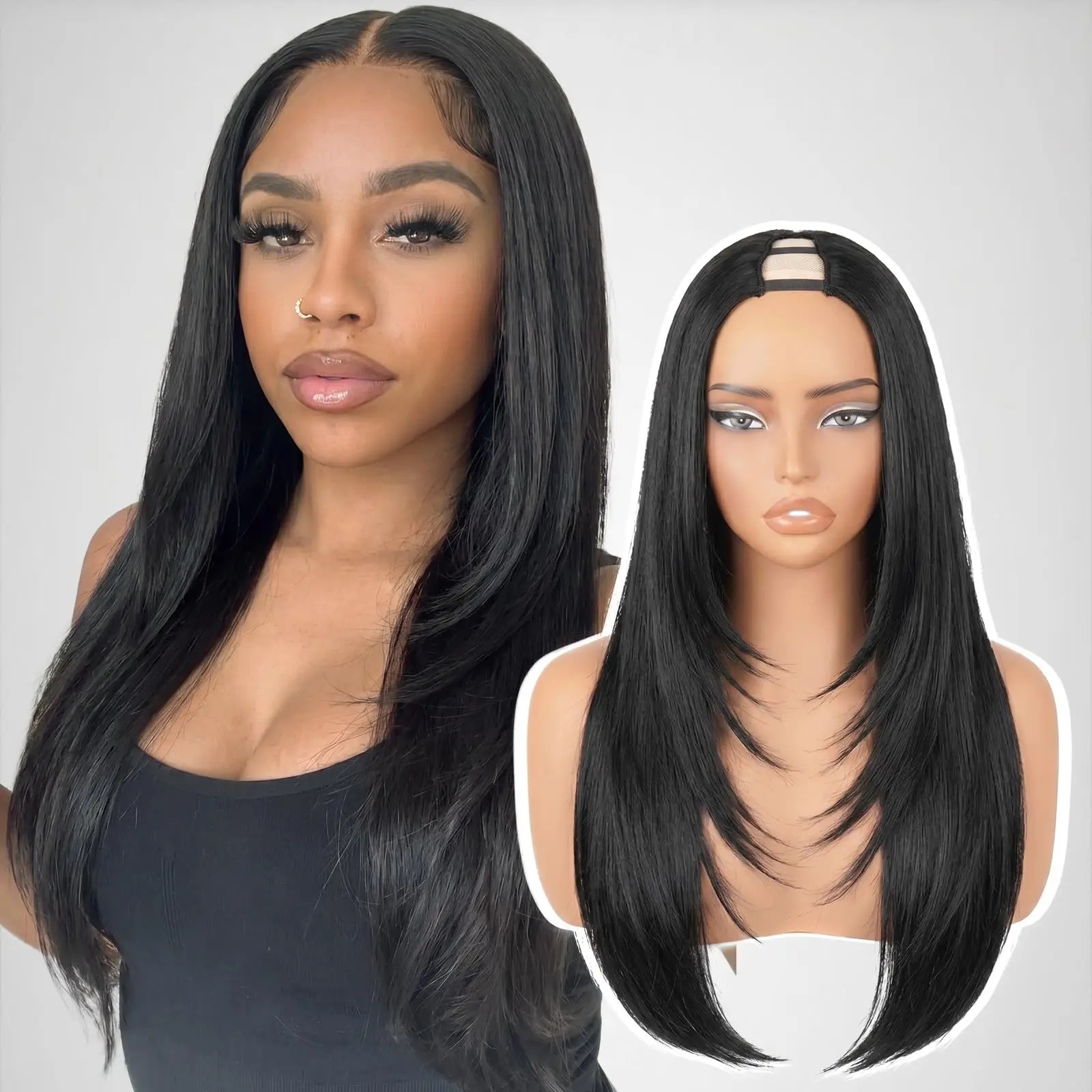 新しいウィッグ、ヨーロッパとアメリカの女性用v-partブラックレイヤードファッションウィッグ、デイリーハーフヘッドギアウィッグ