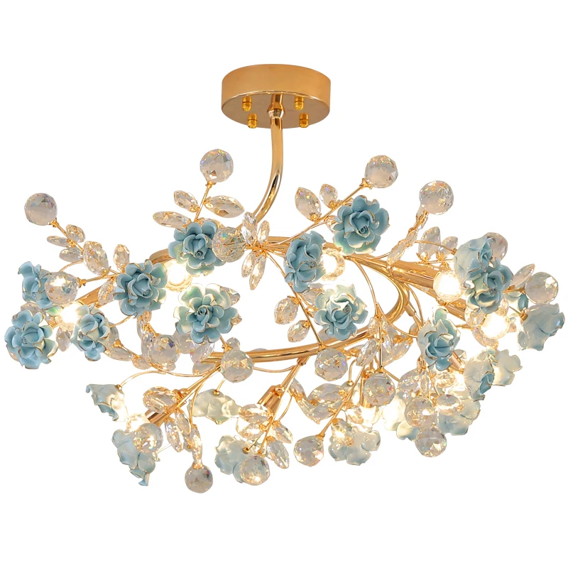 Italian LED ceramic chandelier Crystal lighting Pink/Blue Wedding rose pendant light for Living Room Dining Room Home lighting