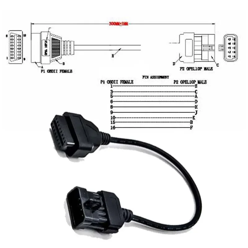 OBDII Extension Cable For Opel 10Pin to OBD2 16Pin Female Diagnostic Connector Cable OBD OBD II for Opel 10 Pin