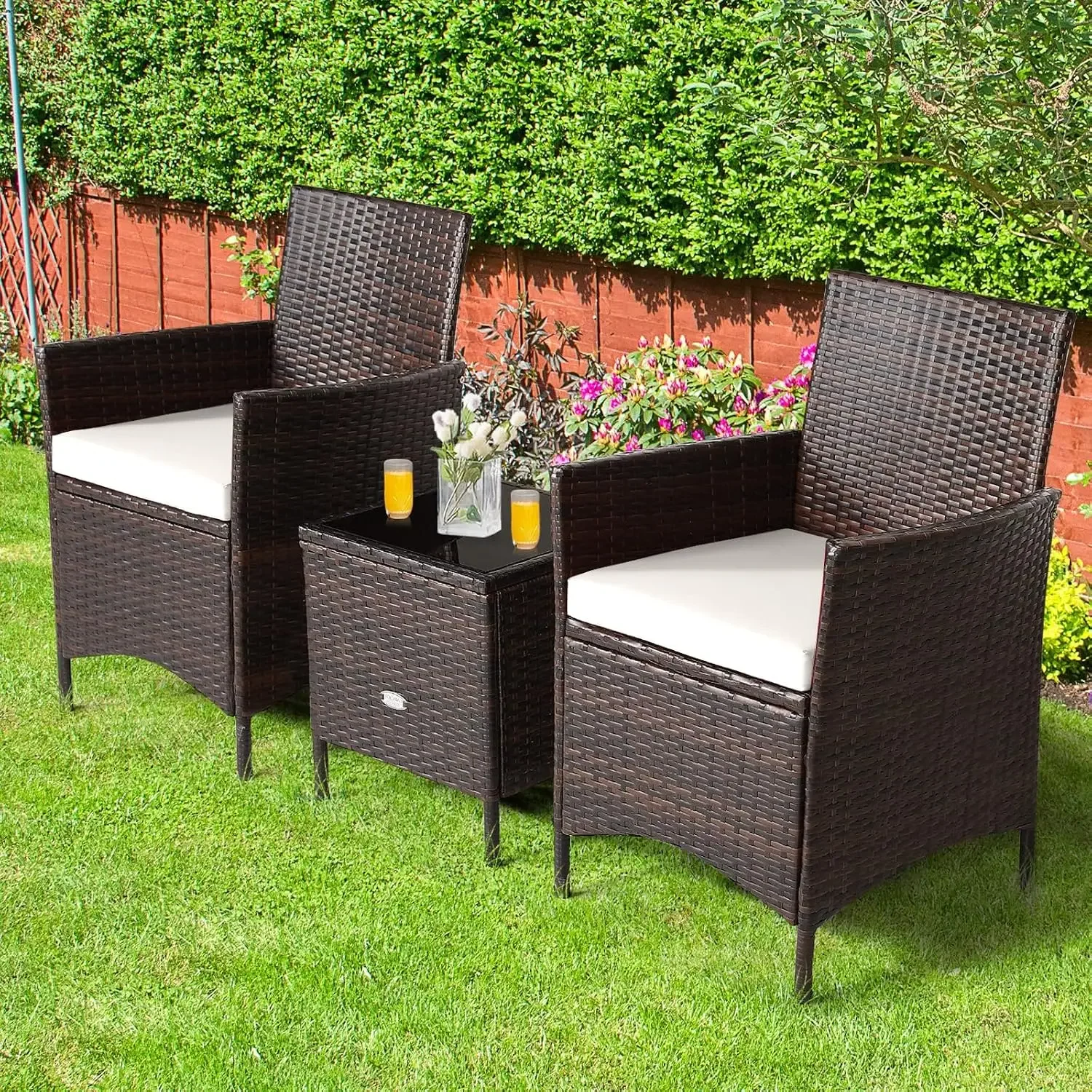USA Stock3 Pieces Rattan Patio Bistro Set, PE Wicker Furniture Set Outdoor Conversation Set with Coffee Table & Soft Cushions Po