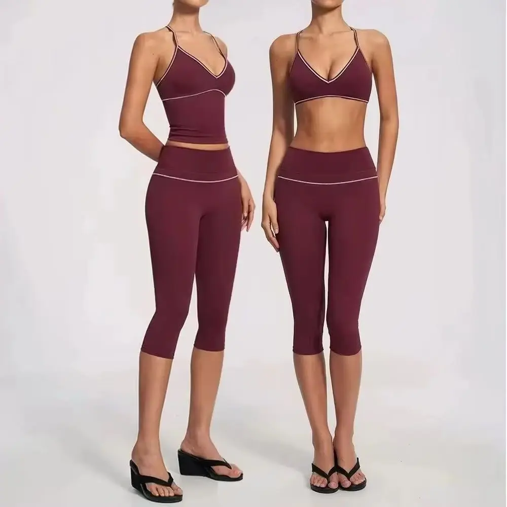 Women 2Pcs Tracksuit V Back Contrast Stitching Shorts and Top Set High Waist Capri Yoga Pants Push Up Gym Fitness Suit Female