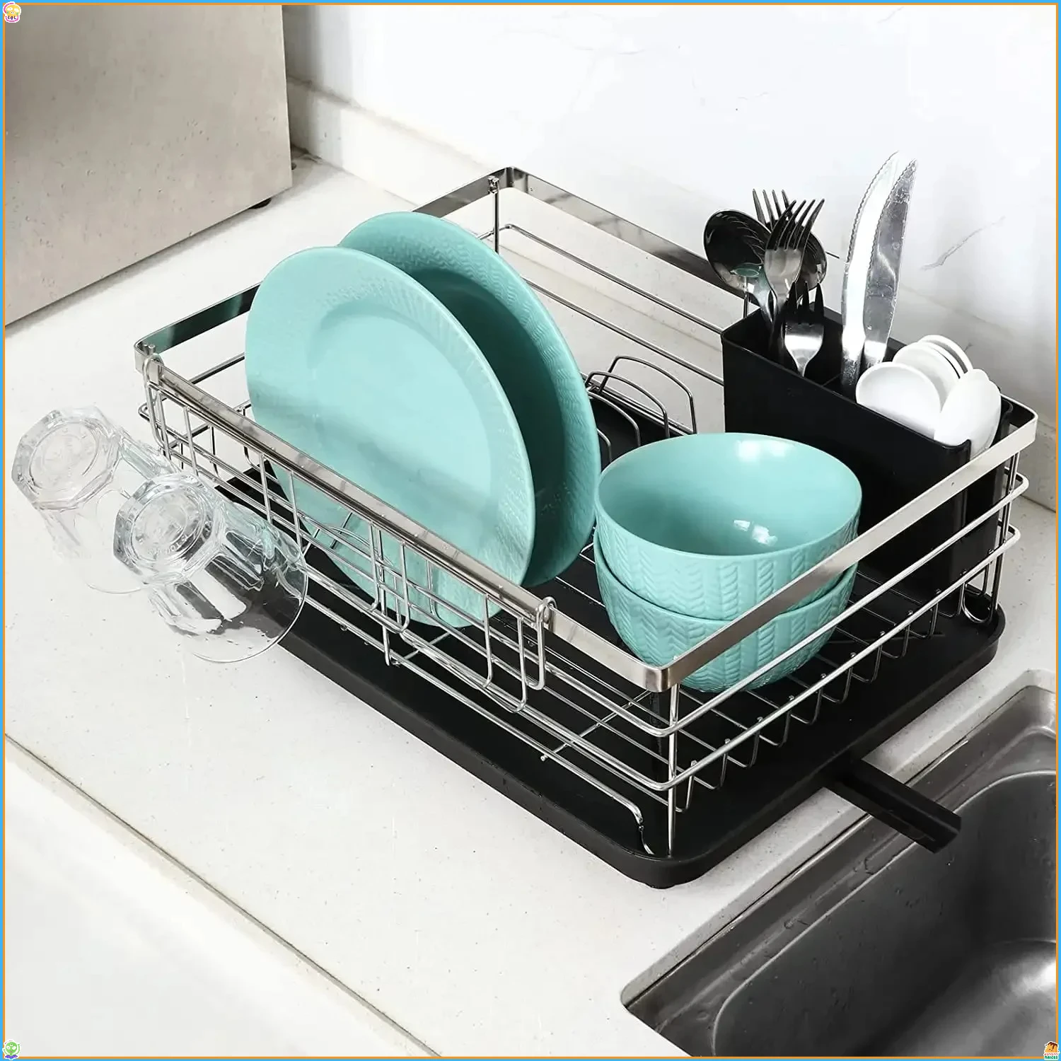

Black Stainless Steel Countertop Dish Drainer with Cutlery Rack, Durable Kitchen Organizer.