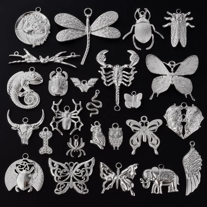 5 pçs/lote sem desbotar animais coruja elefante borboleta charme prata cor pingentes de aço inoxidável para fazer jóias suprimentos descobertas