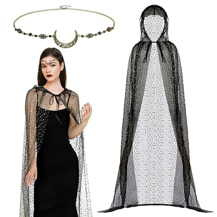 

Toulite 2 Pcs Halloween Witch Cosplay Costume Set Sorceress Hooded Cape for Women and Moon Head Chain Halloween Cosplay