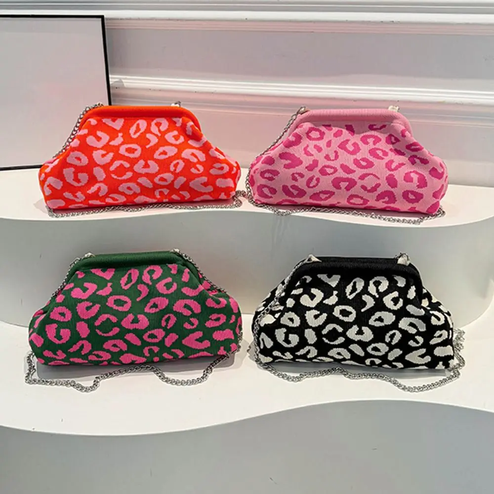 

Cute Knitting Beach Clutch Bag Woven Crochet Large Capacity Crochet Handbags Leopard print Soft Elastic Dumpling Clutch Summer