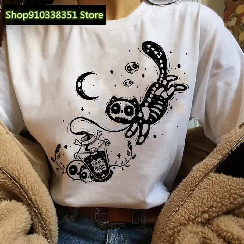 2023 Fashion Ghost Cats Printing Tshirt Women Holiday Ladies Clothes T-shirt Cartoon Pastel Goth T Shirt Female Summer Funny Top