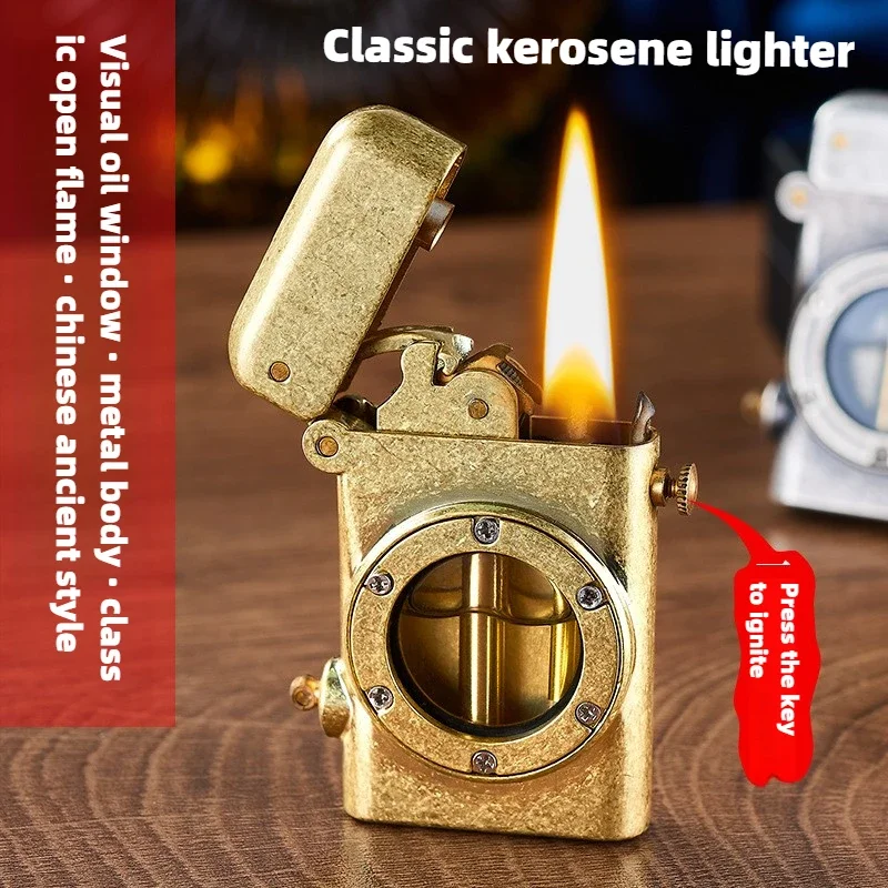 One-button Ejection Ignition Safety Switch Vintage Kerosene Lighter Transparent Oil Warehouse Metal Lighter Men's Creative Gift