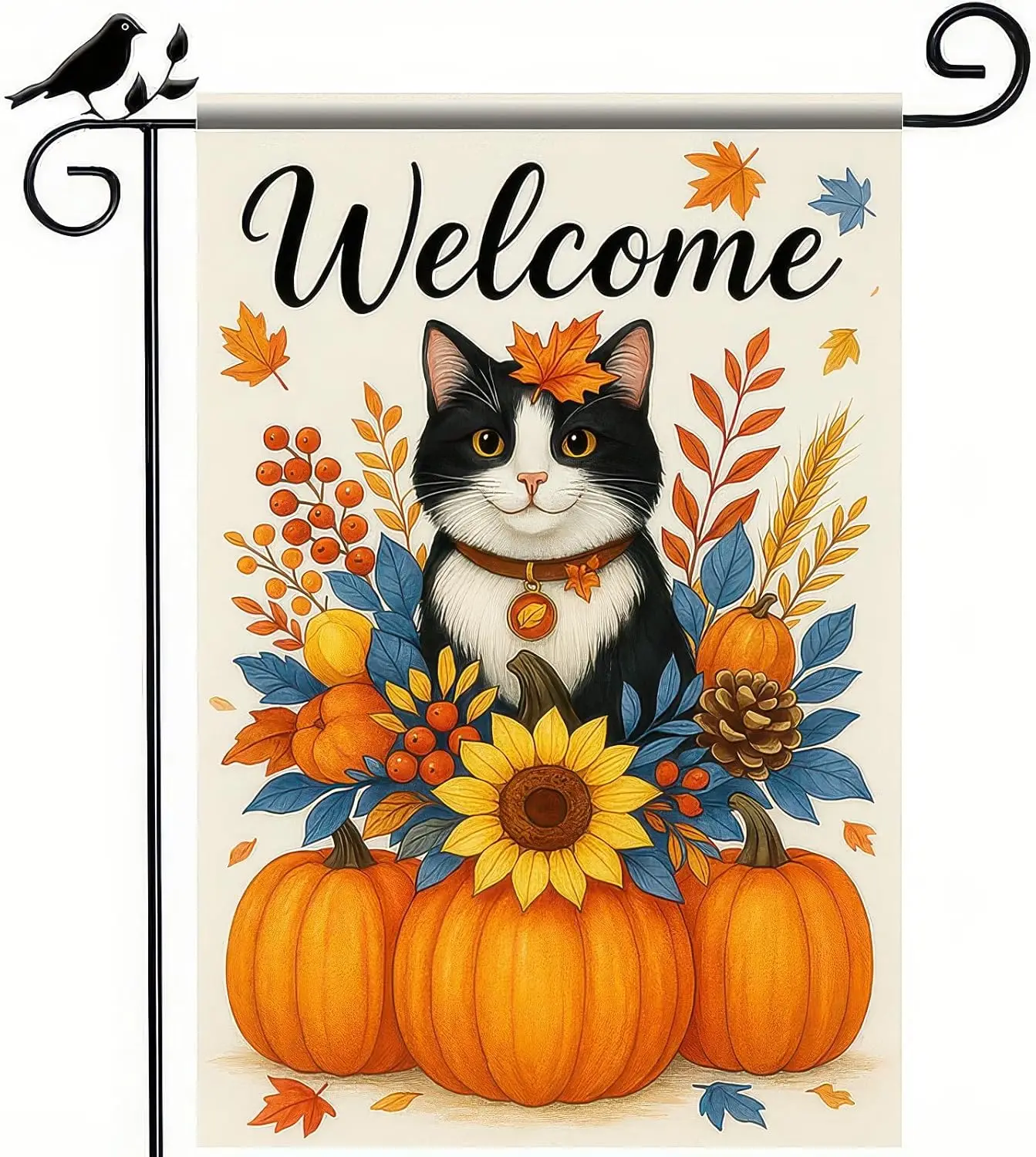 Thanksgiving Fall Garden Flag 12x18 Inch Welcome Cat with Pumpkins Outdoor Flag Double Sided Autumn Kitten Yard Banner with  GGX