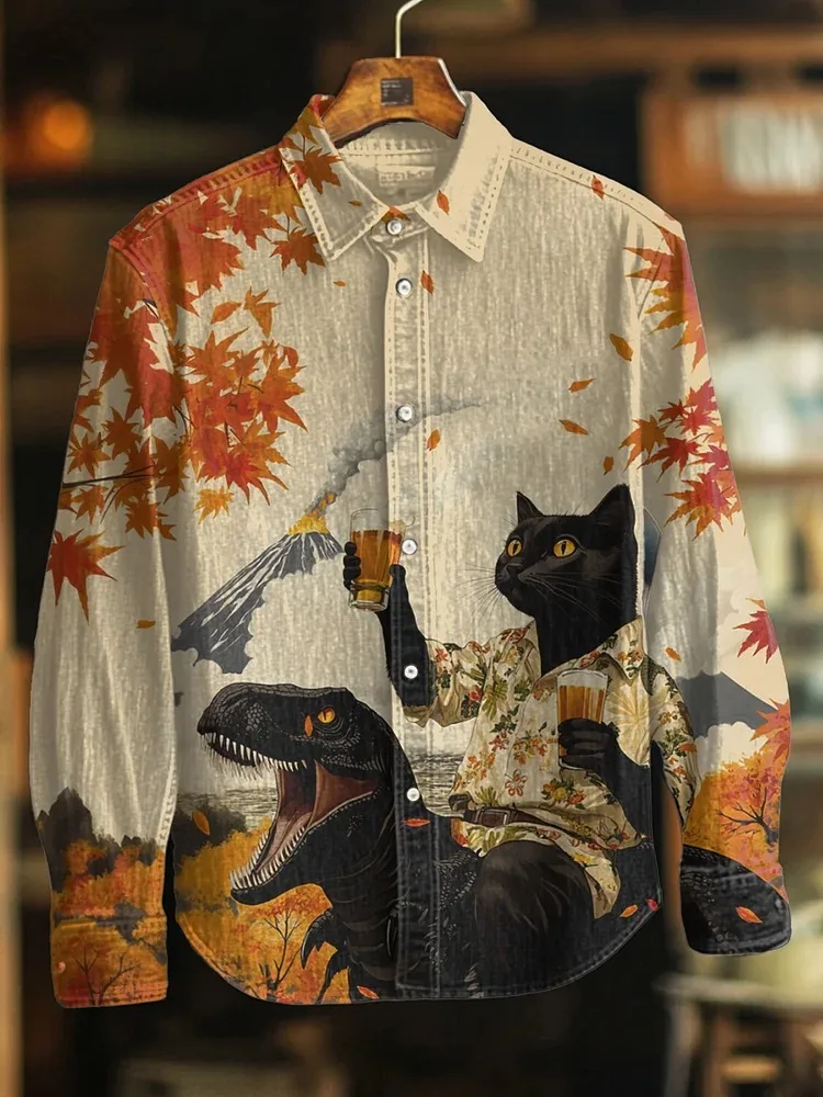 

Men's Autumn Japanese Art Printed Shirts Casual Retro Style Long Sleeve Lapel Collar Tops 2025 Fashion Funny Print Beige Tunics