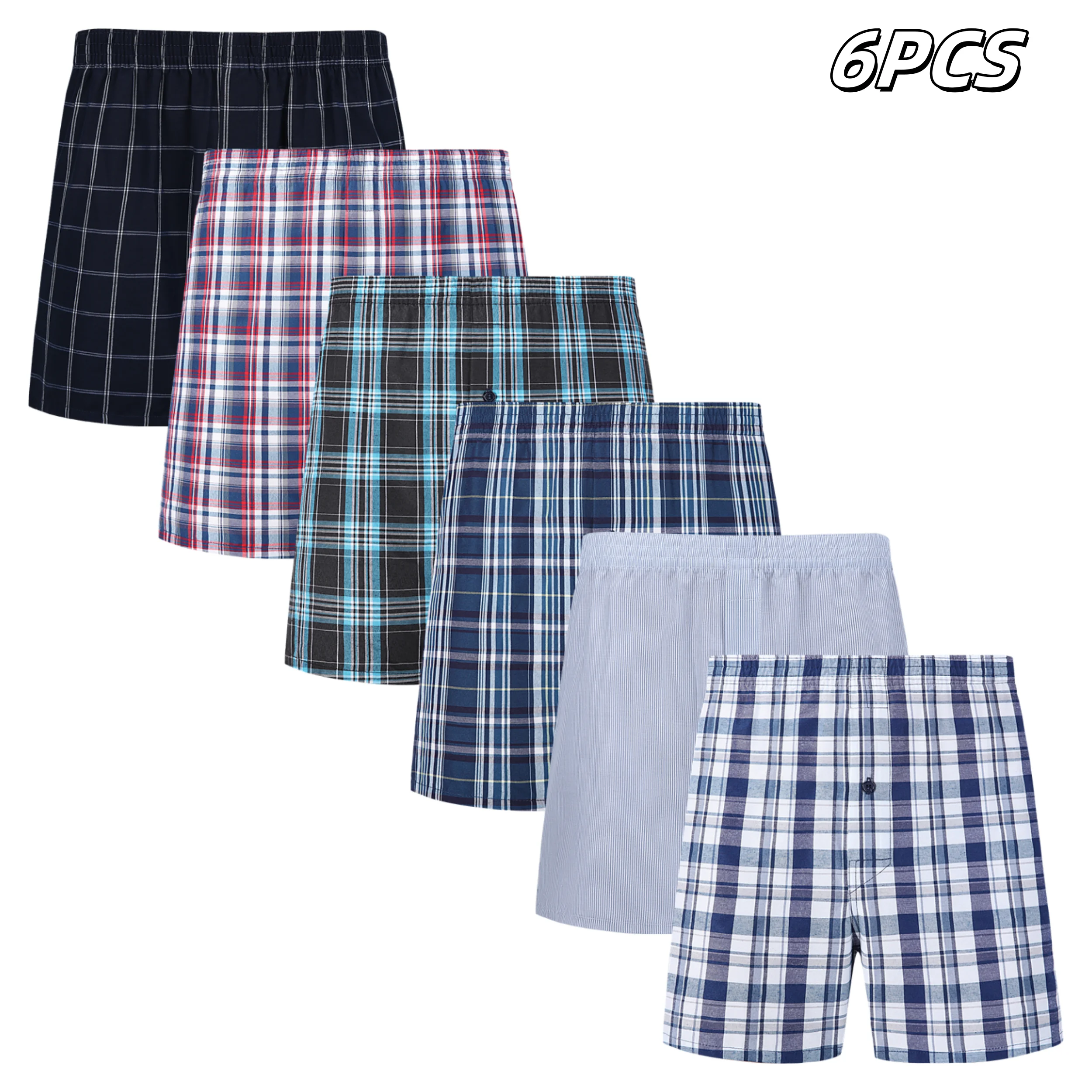 JupiterSecret 6 Pcs Boxer Shorts Casual Plaid Elastic Waistband Button Mens Boxer Underwear Woven Shorts For Home Random Color