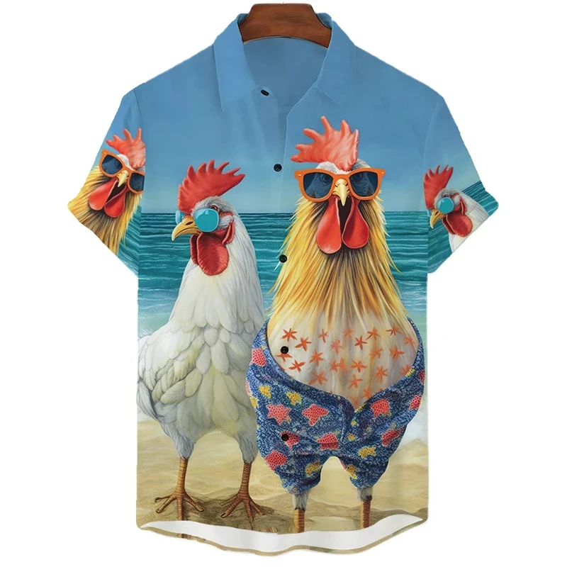 Men\'s Shirt Beach Rooster 3D Print Men\'s Clothing Oversized Summer Casual Hawaii Beach Hawaiian Harajuku Fashion Holiday Shirt