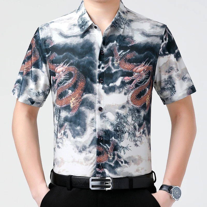 

Silky Cool Feeling Vintage Shirts For Men Short Sleeve Easy Care Summer Quality Dragon 3D Print Casual Fashion Camisas De Hombre