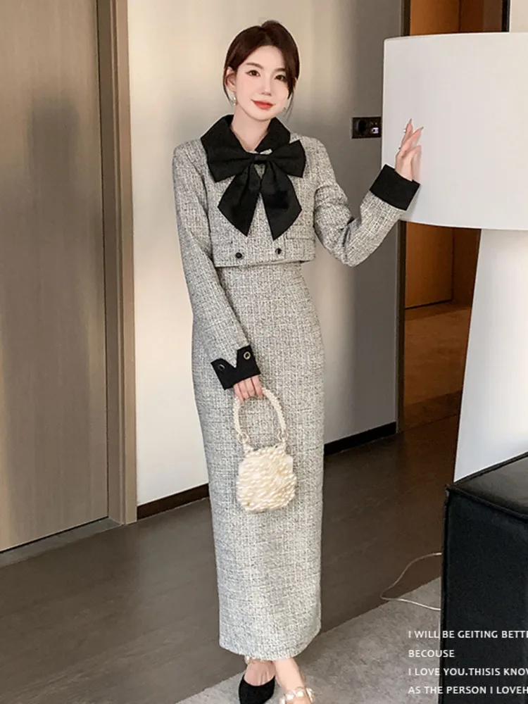 French Small Fragrance Tweed 2 Piece Sets Women Outfit Bow Jacket Coat + Long Skirt Two Piece Set Conjuntos Femininos Elegantes