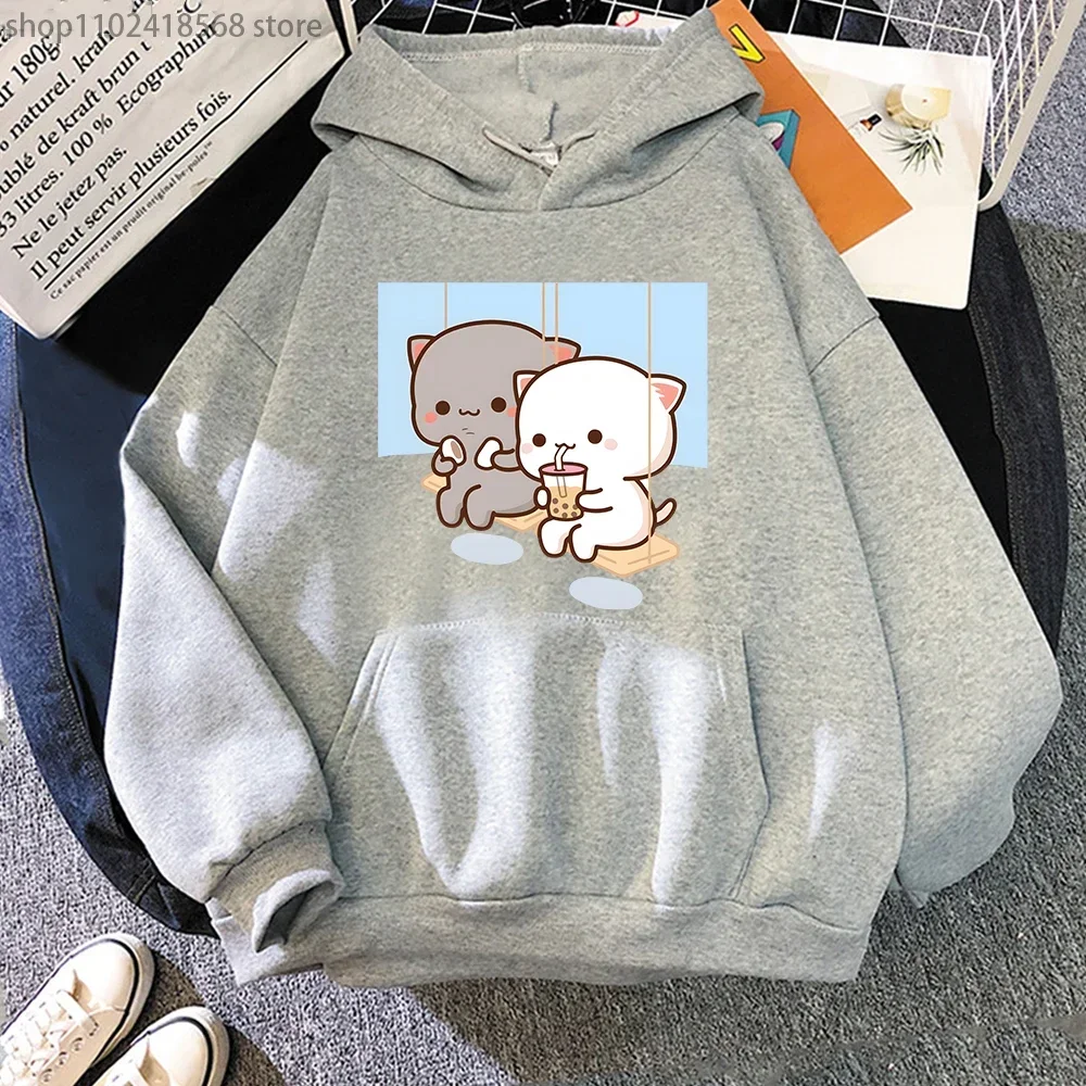 Cute Peach Cat Cartoon Hoodies Bubble Tea Sweatshirt Mujer Camisetas Black Top Winter Kawaii Graphic Long Sleeve Women Clothing