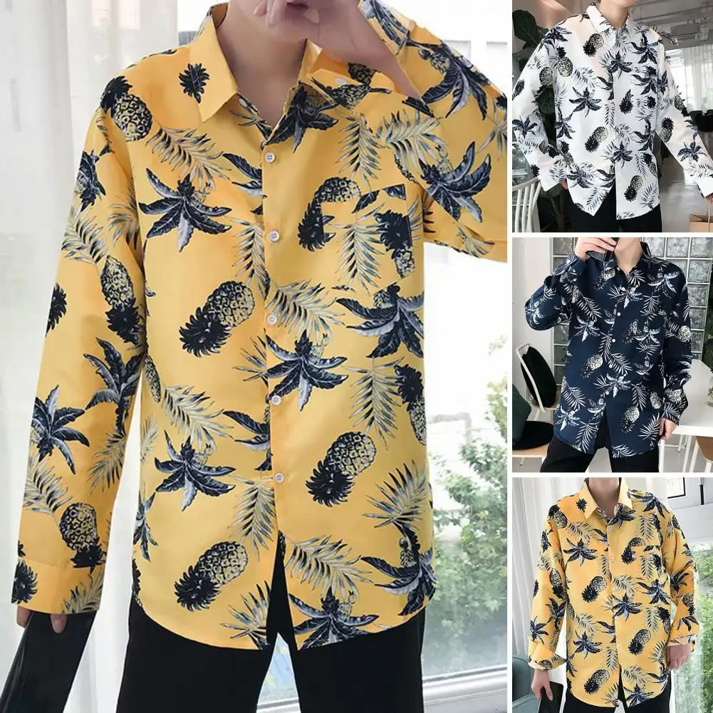 Revers Lange Mouw Single Breasted Patch Pocket Heren Shirt Lente Herfst Kokospalm Print Hawaiian Shirt Top Kledingstuk