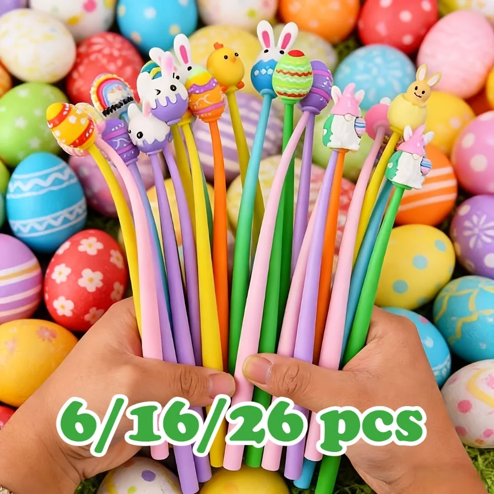 Wobbly Easter Gel Pen 6/16/26 Pcs Cartoon Egg Chick Rabbit Printed Pen Durable Stationery for Party Easter Basket Decor