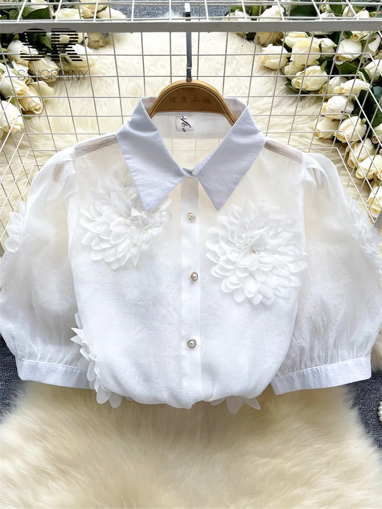 SINGREINY French Style 3D Floral Blouse Women Lapel Neck Short