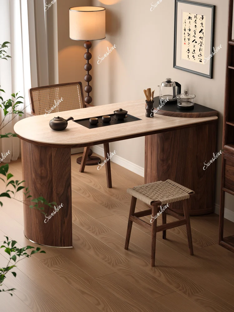 Solid wood small apartment tea table and chair combination rock slab light luxury cave stone