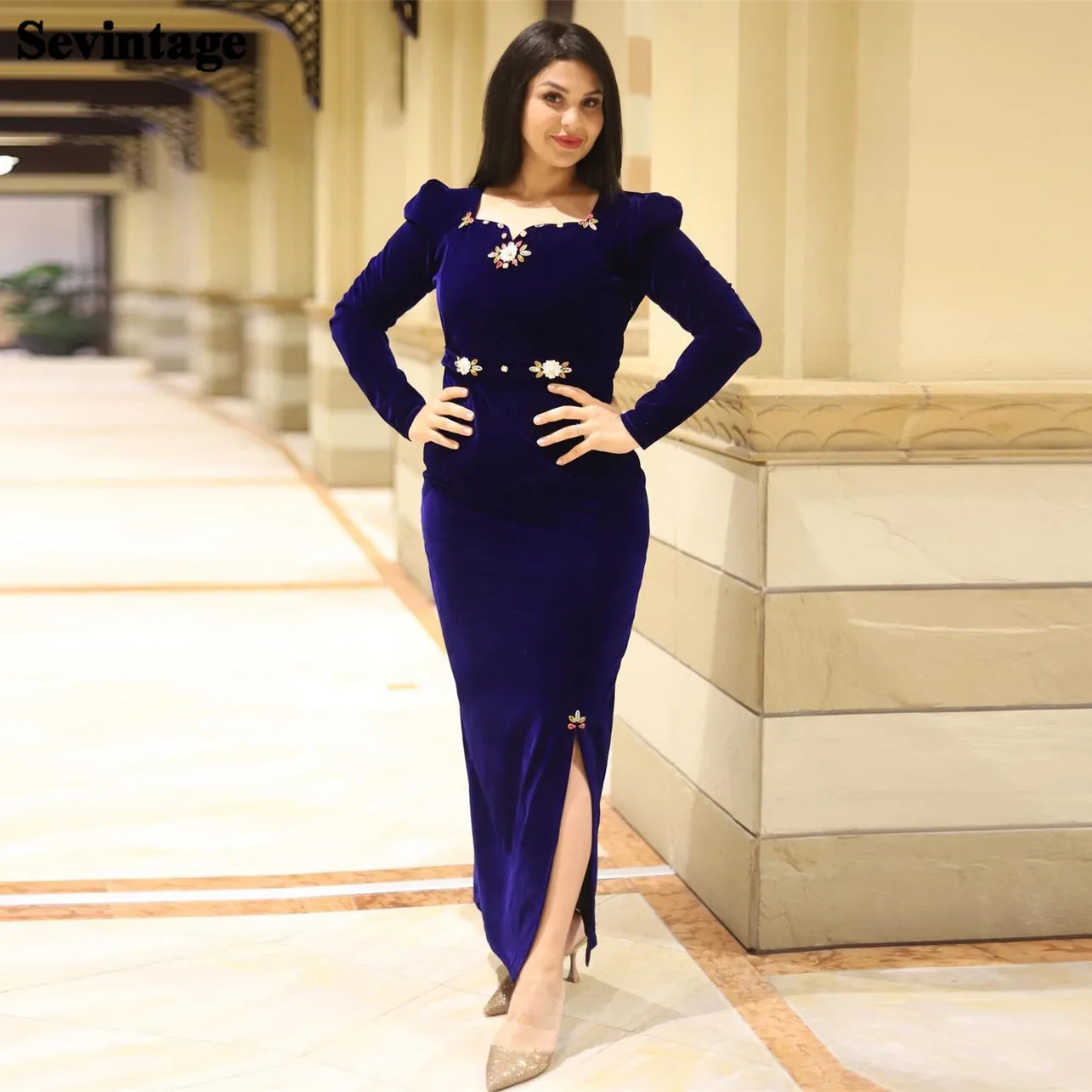 

Sevintage Vintage Royal Blue Mermaid Prom Dress Velvet Square Collar Sequined Ankle Length Side Slit Evening Dress فساتين السهرة