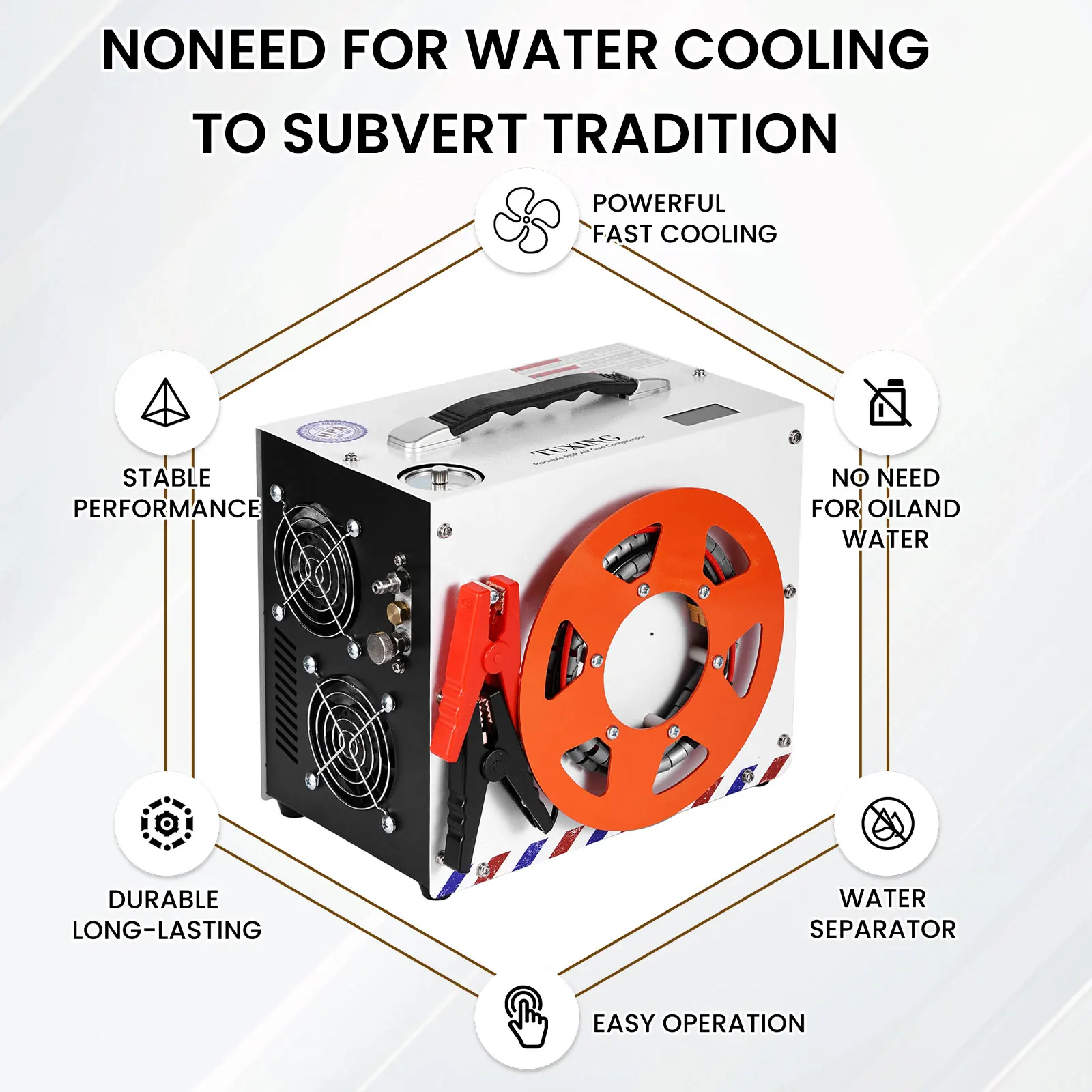 TUXING New Style Wire Spool Design 12V 4500psi 300bar DC Power Adapter Fan Cooling Auto Stop Hunting PCP Portable Air Compressor