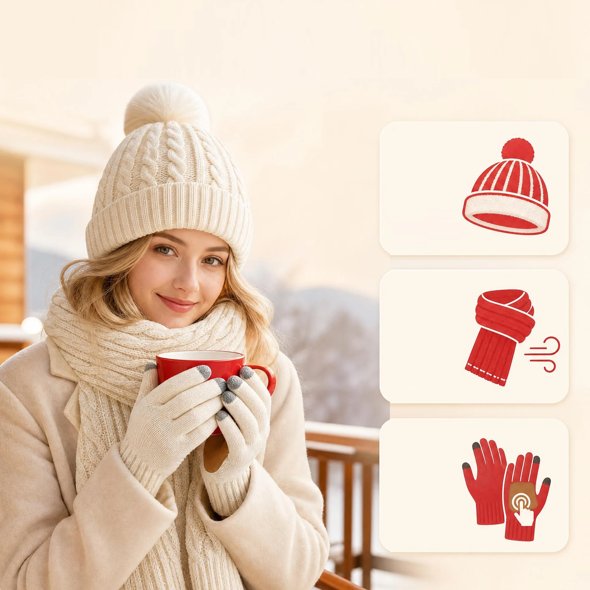 Winter 3PCS Knitted Hat Scarf Gloves Set For Women Men Pom Pom Beanie Warm Fleece Lined Fashion Matching Suit Christmas Gift