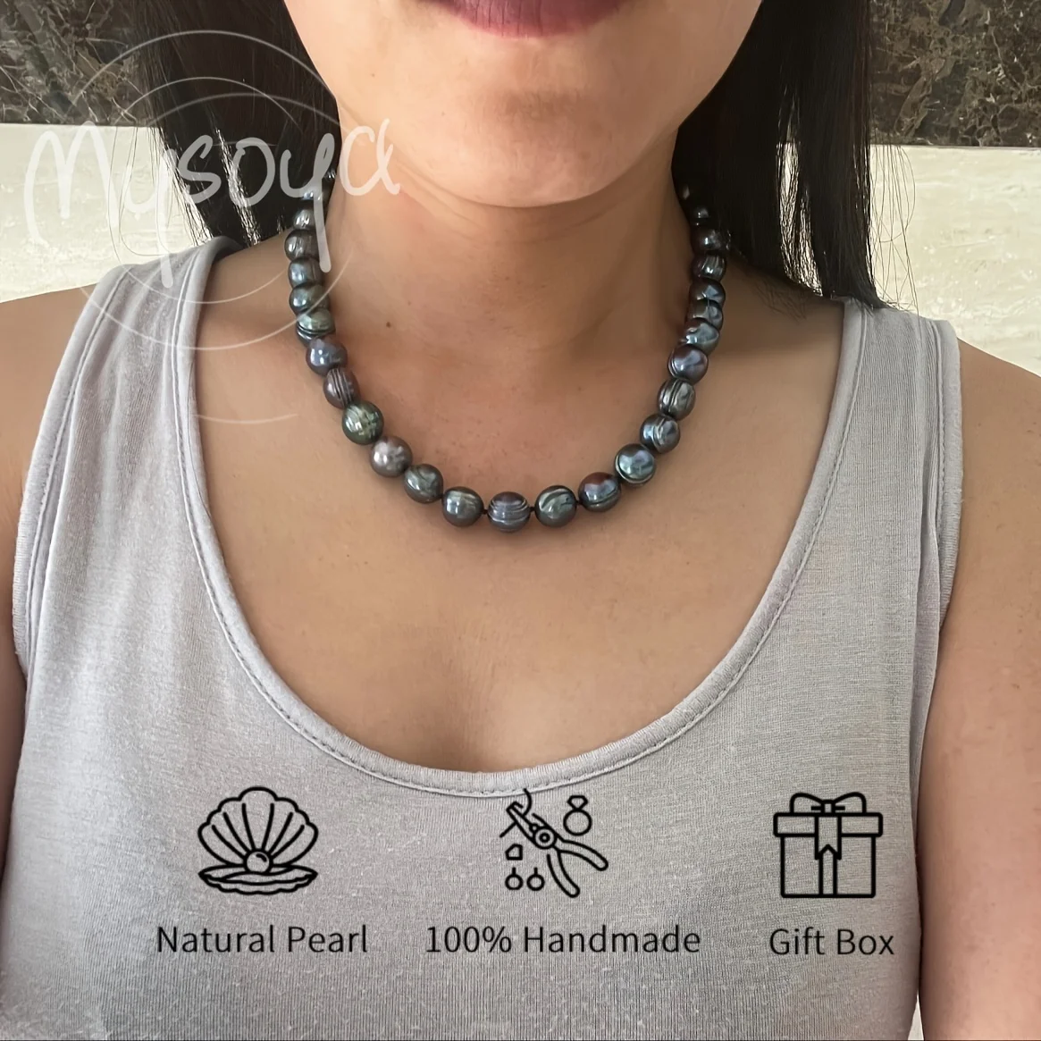 

Mysoya Black Freshwater Pearl Necklace with S925 Sterling Silvery Ingot Clasp 8-9mm Pearls with Gift Box for Weddings Gifts