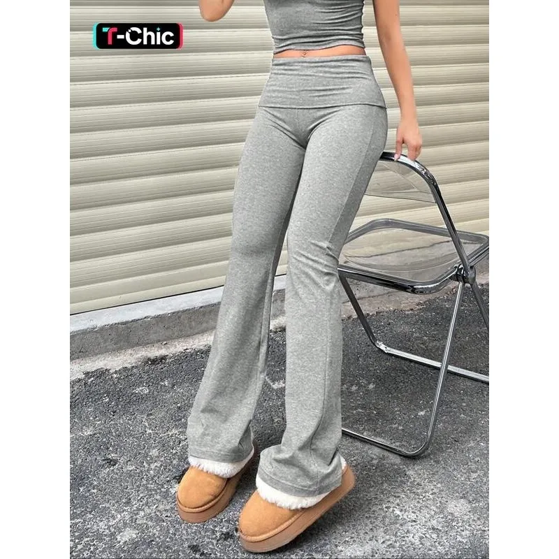 Women's High Waist Plain Ruched Flared Leggings Casual Comfortable Stretch Pants Trousers for Neutral Style Spring Season
