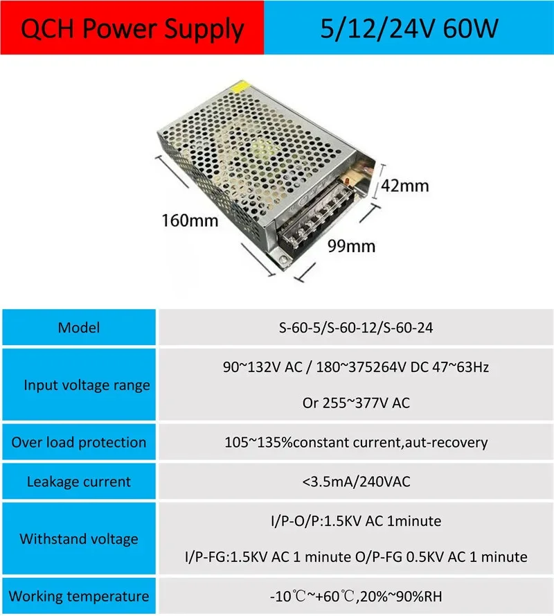 Switching Power Supply 60W DC 5V/12V/24V 12A 5A 2.5A  Aluminum Case Driven Voltage Converter Transformer DC Adapter