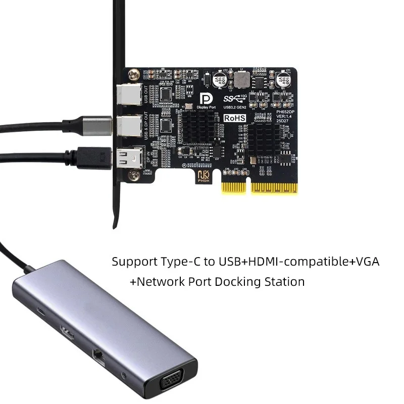 PCI-E X4 to Type-C Video Expansion Card Supports DP Video Desktop USB3.2 10G TYPE-C Port Monitor Dock Adapter Card