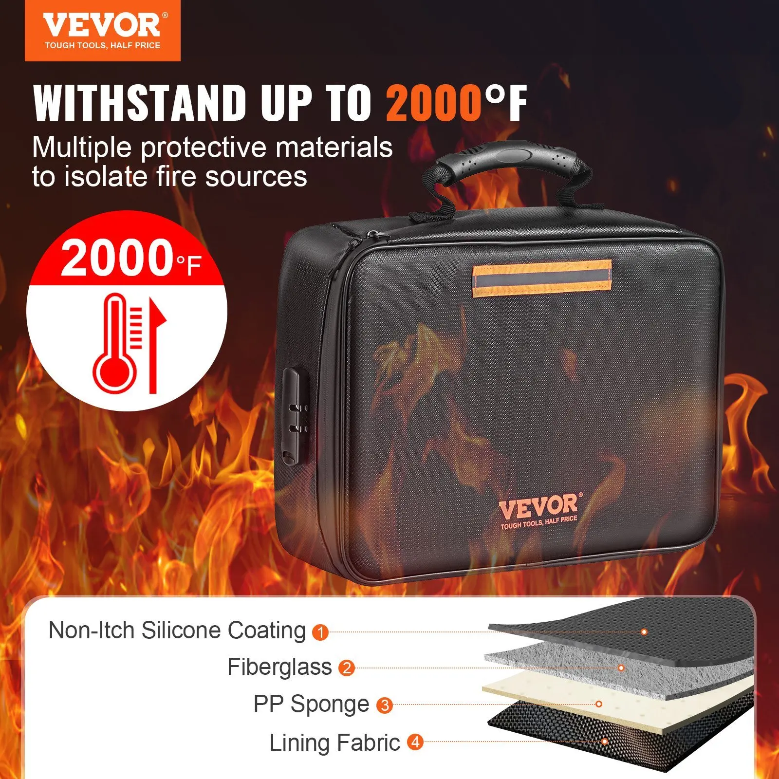 Fireproof Document Bag with Lock 2000°F, 3-layer Fireproof and Waterproof File Box 14.17x10.63x4.13 inch with Zipper