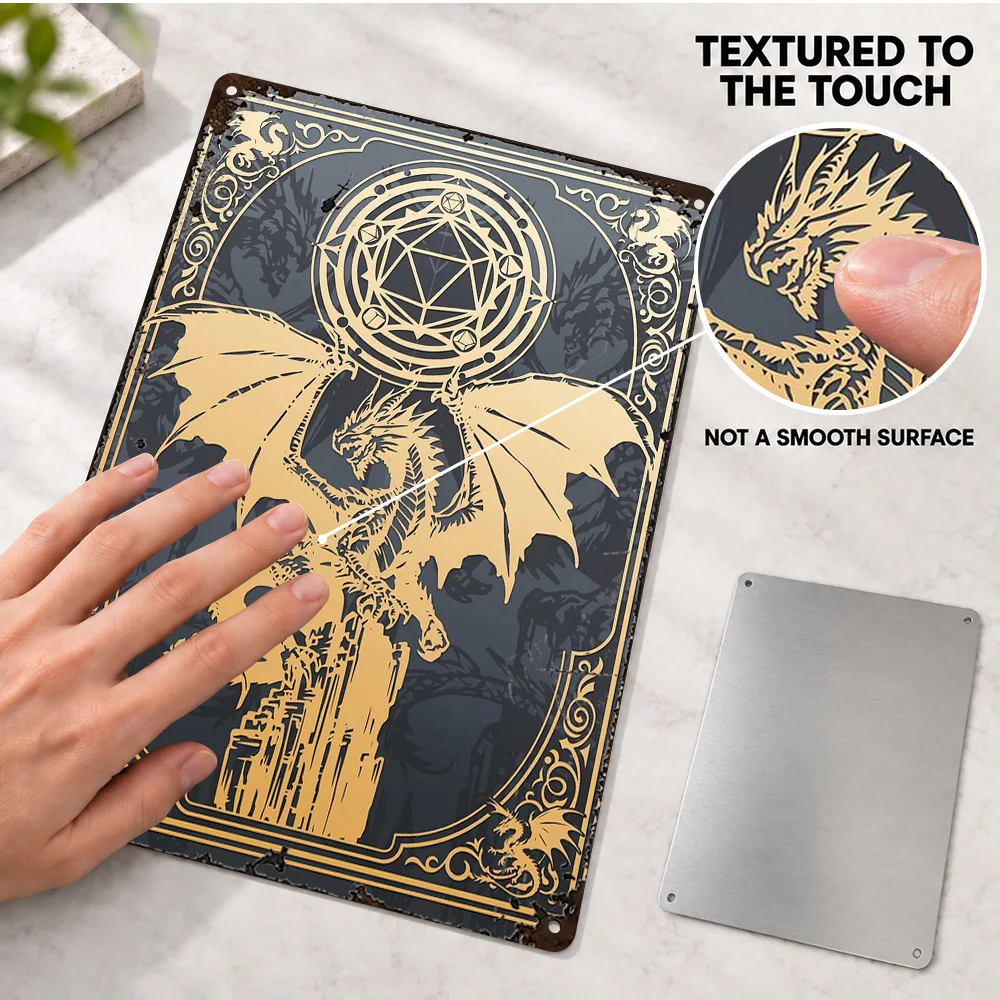 RPG Dragon Dice Printed Poster Personalized Aluminum Metal Sign Vector Illustration Wall Art For Bedroom Video Game Fan Gift