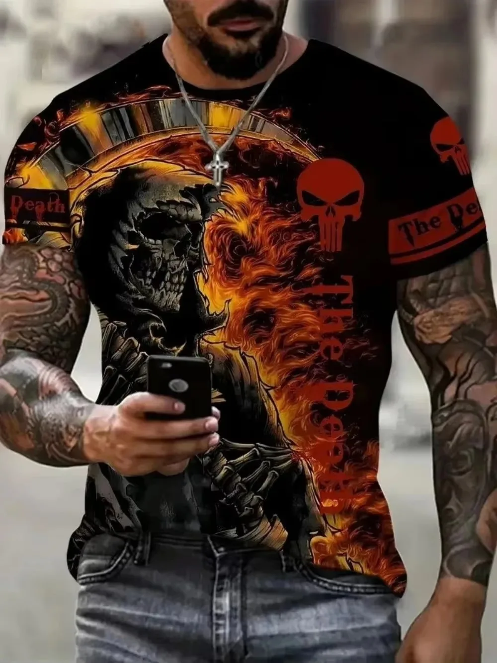 “Terrifying Summer Of Death” Men's Breathable Crew-Neck T-Shirt Skull Print Short-Sleeve Streetwear Hip-Hop Casual Outdoor Top